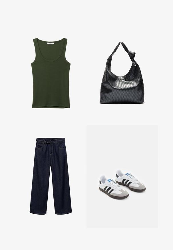 Olive green tank top in soft, stretch fabric. Features a round neckline and wide straps, with a straight hem at the bottom. No patterns or accents.; Dark blue wide-leg jeans made of denim. Features a belted waistband with multiple buttons, front pockets, and a clean finish at the hems.; Sport shoes with a white leather upper, gray suede toe, and three black stripes. Features a blue logo on the tongue and a textured rubber sole.; Black woven leather handbag with a slouchy design, featuring a knotted strap and a small decorative gold stud at the top.
