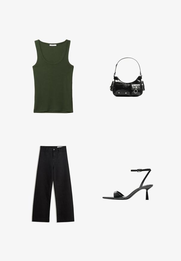 Olivegrünes Tanktop aus weichem, elastischem Stoff. Verfügt über einen runden Ausschnitt und breite Träger, mit einem geraden Saum am unteren Ende. Keine Muster oder Akzente.; Schwarze weit geschnittene Jeans mit hoher Taille, ausgestattet mit Vorder- und Hintertaschen, gesteppten Nähten und einem Knopfverschluss. Glatte Textur.; Bershka High Heel Sandalette - black; Schwarze Lackleder-Handtasche mit geschwungenem Design, einem Schulterriemen, Vordertaschen und silberfarbenen Hardware-Akzenten.