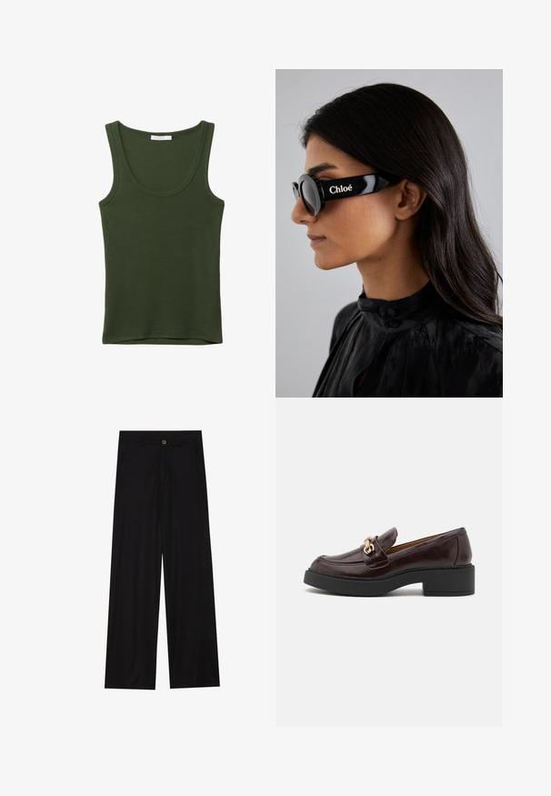 Oliwkowy top na ramiączkach z miękkiej, elastycznej tkaniny. Posiada okrągły dekolt i szerokie ramiączka, z prostym wykończeniem na dole. Bez wzorów ani akcentów.; Szerokie czarne spodnie wykonane z gładkiego materiału, z przednimi kieszeniami i zapięciem na guzik w talii. Minimalistyczny design bez wzorów.; Brązowe skórzane mokasyny z złotym akcentem w postaci klamry, czarnym blokowym obcasem i gładką teksturą. Widok z boku ukazuje zaokrąglony czubek oraz przeszycia.; Czarne okulary przeciwsłoneczne z okrągłymi soczewkami i odważnymi, kanciastymi oprawkami, na boku z białym napisem "Chloé". Gładkie, błyszczące wykończenie.; Brązowa skórzana torebka o teksturowanej powierzchni, ze złotymi detalami, górnymi uchwytami oraz odpinanym paskiem na ramię; zawiera zapięcie na klapę z przodu.; FERRAGAMO - Zegarek