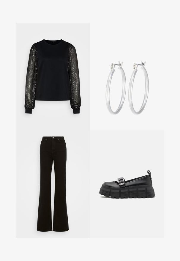 Juodas marškinėliai trumpomis rankovėmis iš minkštos medžiagos, su ilgu blizgučių rankovėmis, turinčiomis vertikalias linijas ir priglundančiais rankogaliais.; Juodos džinsinės kelnės su aukštu liemeniu, platėjančios, turinčios mygtuko užsegimą, šonines kišenes ir lygų paviršių.; Juodi platforminiai loafersai su apvalia nosimi, lygiu oda viršumi, reguliuojamu sagtimi ir tekstūruotu guminiu padu, turinčiu horizontalias briaunas.; Sidabriniai auskarai su sklandžiu, poliruotu paviršiumi. Apvalios formos ir saugus uždarymo mechanizmas. Lengvas dizainas, tinkantis kasdieniam dėvėjimui.