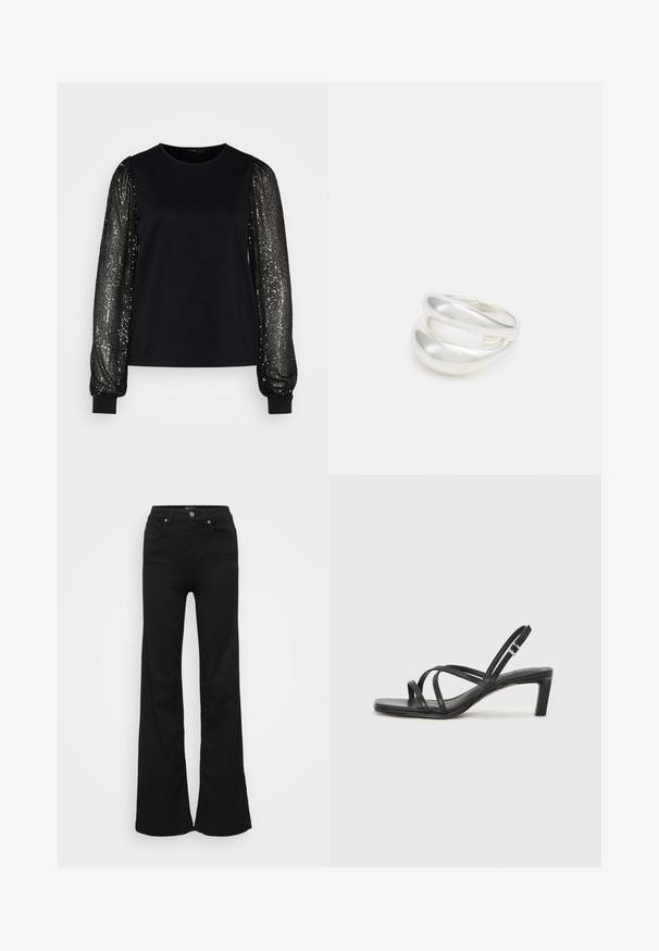 Svart topp med korta ärmar i mjukt tyg, med långa paljetterade ärmar med vertikala linjer och figurnära manschetter.; Svarta utsvängda jeans i denim, med hög midja, fem fickor och metallknappstängning. Slät textur med minimal detaljering.; Svart sandaler med remmar och fyrkantig tå samt låg blockklack. Har flera tunna remmar och en justerbar ankelrem. Tillverkad av mjukt läder.; Silver ring med dubbel band och en slät, polerad yta. Har en flödande, böjd design med överlappande sektioner för en modern stil.