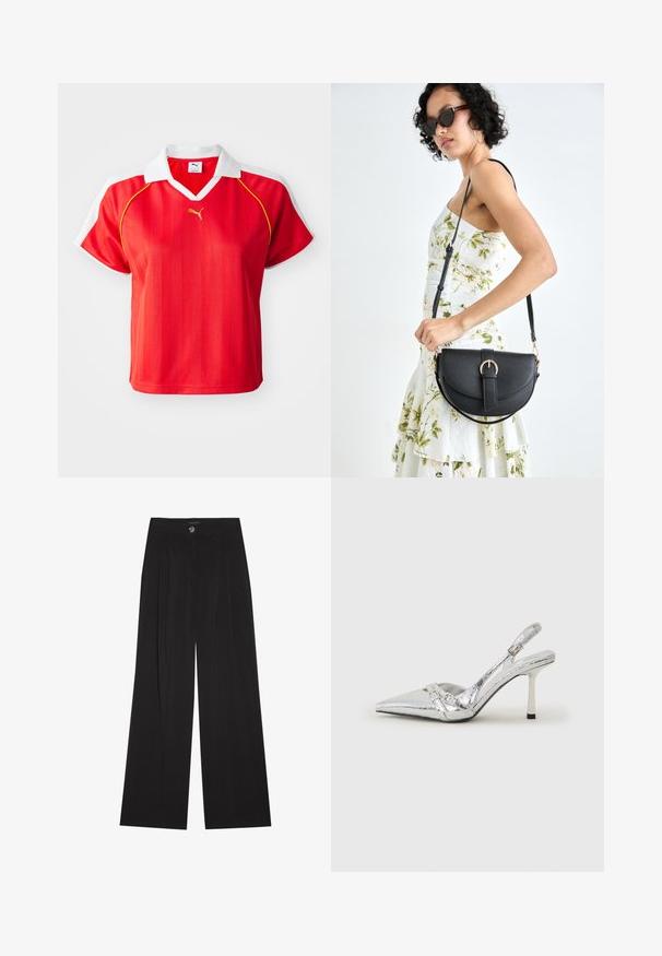 Polo-shirt rouge sportif avec col et manches blanches, arborant des rayures verticales et un petit logo doré à l'avant. Matière légère.; Pantalons noirs à jambes larges avec des plis, dotés d'une fermeture à bouton et de deux poches latérales ; texture lisse avec une coupe ajustée.; Escarpin argenté à talon aigu, avec un bout pointu, une finition métallique, deux brides décoratives et un talon élancé avec un embout noir.; Sac à main en cuir noir avec une forme courbée, bandoulière amovible et des accessoires en or. Le sac est doté d'un rabat avec un détail de boucle.