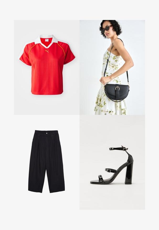 Červené sportovní polo tričko s bílým límcem a rukávy, ornamentované vertikálními pruhy a malým zlatým logem na přední straně. Lehce materiál.; Černé polyesterové culotte kalhoty s elastickým pasem, dvěma předními sklady a volným siluetou. Žádné viditelné vzory ani kovové detaily.; Černé lakované sandály na podpatku se čtveratou špičkou, lýtkovými pásky a stříbrnými přezkami. Disponují masivním blokovým podpatkem pro stabilitu.; Černá kožená kabelka s křivkovým tvarem, odnímatelným popruhem a zlatými detaily. Kabelka má klopu s přezkou.