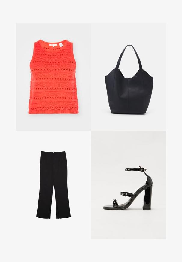 Koralna majica bez rukava s teksturiranim pletenim uzorkom, koja sadrži horizontalne pruge i detalje od otvorenog rada, okrugli izrez.; Crne hlače ravnog kroja, s prednjim džepovima i bočnim prorezima na rubu. Izrađene od mekog i glatkog materijala. Pogodne za razne prigode.; Crne lakirane sandale na pete sa kvadratnim nosom, trakama oko gležnja i srebrnim kopčama. Imaju čvrst blok petu za stabilnost.; Crna torba od glatke kože, s zakrivljenim otvorenim vrhom, dva remena za rame i minimalističkim dizajnom.