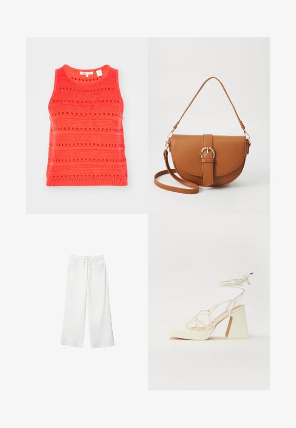 Koralna majica bez rukava s teksturiranim pletenim uzorkom, koja sadrži horizontalne pruge i detalje od otvorenog rada, okrugli izrez.; Bijele hlače širokih nogavica od mekanog materijala, s elastičnom trakom u struku i dva prednja džepa. Glatka tekstura i bez vidljivih uzoraka.; Bijela sandala na visokoj potpetici s debelim petom, s remenom i vezanjem oko gležnja. Glatka tekstura s platformom sprijeda za dodatnu visinu.; Smeđa kožna torba preko tijela s zakrivljenim oblikom, zlatnim metalnim detaljima i naglaskom na kopču. Ima odvojivu naramenicu.