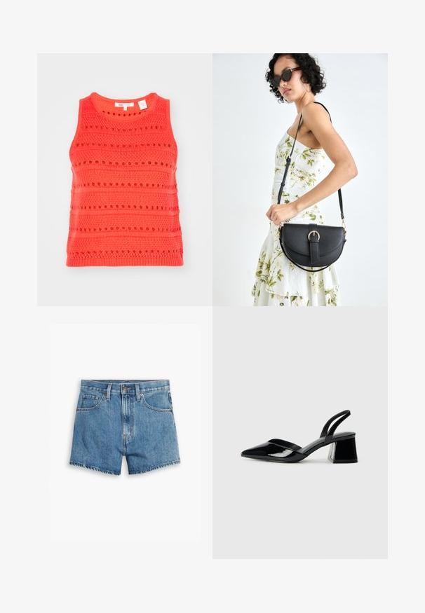 Coral tank top with a textured knit pattern, featuring horizontal stripes and openwork details, round neckline, and sleeveless design.; Denim shorts in light blue, featuring five pockets, a zip fly, and a button closure. The hem is frayed with a relaxed fit design.; Black patent leather slingback heels with a pointed toe and a geometric block heel. Features a sleek, minimal design and smooth texture.; Black leather handbag with a curved shape, detachable strap, and gold hardware. The bag features a flap with a buckle detail.