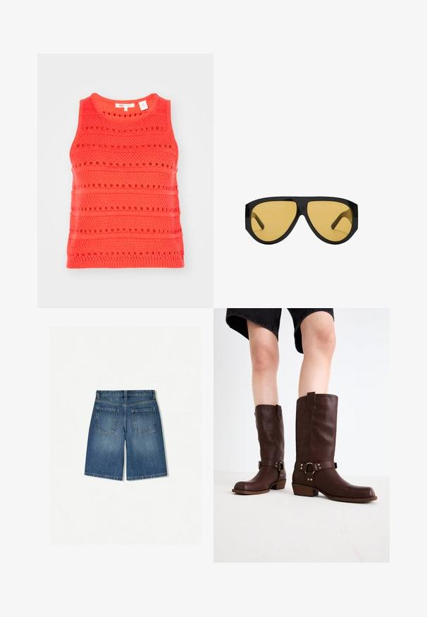 Korálový top bez rukávů s texturovaným pleteným vzorem, s vodorovnými pruhy a průsvitnými detaily, kulatým výstřihem.; Džínové šortky ve středně modré barvě s volným střihem, obsahující dvě zadní kapsy a čistý, rovný lem. Klasický design s pěti kapsami.; Hnědé kožené vysoké boty ke kolenům s kulatou špičkou, texturovaným povrchem, řemínkem kolem kotníku a detailem ze stříbrného kovu; na podpatku.; Sluneční brýle s elegantním černým plastovým rámem a žlutě tónovanými čočkami, s výrazným úhlovým tvarem a širokými obroučkami pro dodatečné zakrytí.