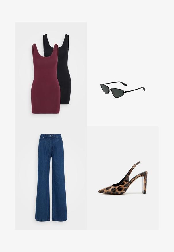 Kaks keha kaunistavat kleiti: üks burgundi värvi ja teine must, mõlemad valmistatud siledast materjalist, laiemate rihmade ja ümarate kaelustega.; Hallise jalgadega sinised denim püksid kõrge vöökohaga, ees nupuga ja tõmbluku sulguri ning ees ja taga taskutega, lihtsa tausta ees.; Leopardimustriga saadaval sanga pump kõrge kontsaga, millel on terav varvas ja läbipaistev plokktald. Valmistatud läikivast materjalist, millel on sile tekstuur.; Mustade metallik prillid nurgeliste raamidega ja tumedate objektiividega. Omavad õhukesi sirgeid käsi ja nina padjakesi, mis tagavad kindla istuvuse.