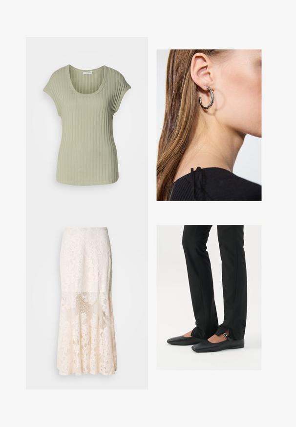 Világos zöld, bordázott, rövid ujjú felső, mély kivágással. Puha tapintású, testhezálló kialakítással rendelkezik. Nyújtható anyagból készült a kényelmes viselet érdekében.; Krém színű virágos csipke midi szoknya; réteges kialakítással, áttetsző részekkel, texturált csipkével és bővülő szegéllyel rendelkezik.; Fekete bőr balettcipők hegyes orral, ezüst csattal ellátott pánttal, fekete szabott nadrággal, amelynek hasított szegélye van.; Ez egy ezüst fülbevaló, sima felülettel, amelyen apró arany díszítőelemek találhatók. Kerek formájú és a fülcimpán viselik.