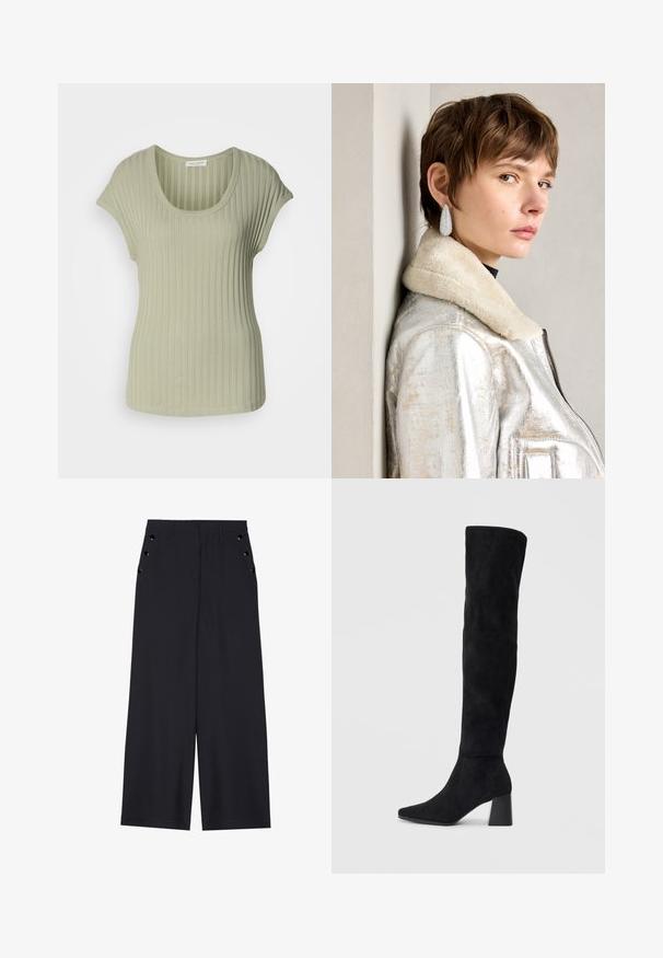 Light green ribbed short-sleeve top with a scoop neck, featuring a soft texture and fitted design. Made of stretchable fabric for comfort.; Wide-leg trousers in dark navy fabric, featuring a smooth texture, front pleats, and decorative gold-tone eyelets on the side pockets.; Black suede knee-high boot with block heel, pointed toe, and smooth, seamless design on a plain light background.; Silver metallic leather jacket with shearling collar, featuring a zip closure and textured surface. Large teardrop earrings with clear gemstones.