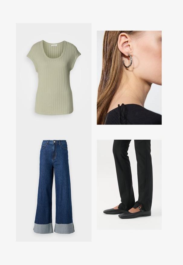 Hellgrünes, geripptes Kurzarmoberteil mit Rundhalsausschnitt, das über eine weiche Textur und einen engen Schnitt verfügt. Hergestellt aus dehnbarem Material für mehr Komfort.; Weite Jeanshose mit dunkler blauer Waschung, ausgestattet mit einem kontrastierenden hellblauen Saum und klassischem Fünf-Taschen-Design.; Schwarze Leder-Ballerinas mit spitzer Zehenpartie, Riemchen mit silberner Schnalle, kombiniert mit schwarzen taillierten Hosen mit Schlitzsaum.; Silberne Creolen mit polierter Oberfläche, die kleine goldene Akzentdetails und eine runde Form aufweisen, am Ohrläppchen getragen.