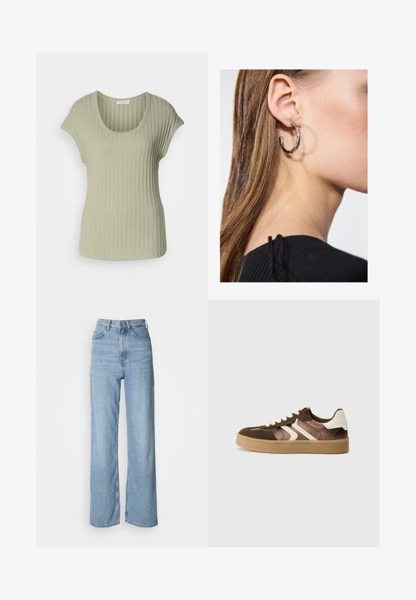 Hellgrünes, geripptes Kurzarmoberteil mit Rundhalsausschnitt, das über eine weiche Textur und einen engen Schnitt verfügt. Hergestellt aus dehnbarem Material für mehr Komfort.; Hellblaue hochgeschnittene Jeans mit geradem Bein, aus Denim gefertigt, mit einem Frontknopfverschluss und dezenten Verblassungen.; Braune und cremefarbene Sneakers aus einer Kombination von Wildleder und Satin, mit drei diagonalen Streifen und einer strukturierten Gummisohle.; Silberne Creolen mit polierter Oberfläche, die kleine goldene Akzentdetails und eine runde Form aufweisen, am Ohrläppchen getragen.