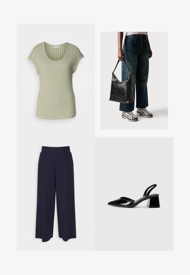 Top de manga curta em verde claro com nervuras e decote em U, apresentando uma textura suave e um design ajustado. Fabricado em tecido elástico para conforto.; Calças largas em tecido azul-marinho escuro com uma textura ribada. Apresenta uma cintura suave e uma silhueta fluida, atingindo o comprimento até metade da panturrilha.; Sandy em verniz preto com salto slingback, ponta afilada e salto geométrico. Apresenta um design elegante e minimalista com textura suave.; Bolsa de ombro em couro preto com textura suave e alça ajustável, combinada com jeans de perna larga desbotados e ténis desportivos.