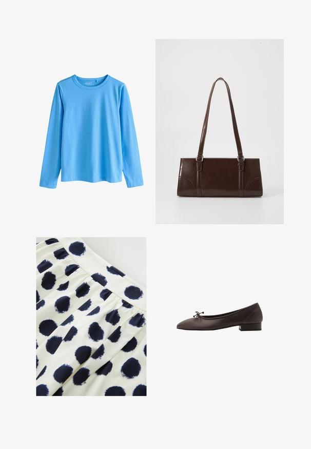 Langærmet blå t-shirt lavet af blød bomuld. Har rund halsudskæring og lige snit med syede kanter uden mønstre.; Hvid stofnederdel med marineblå cirkulære polkaprikker. Nederdelen har en samlet talje og en glat tekstur.; Brune læder balletflade med rund tå og lille blokhæl. Har en tynd sløjfe foran og diskrete syningsdetaljer.; Brun lakeret håndtaske med rektangulær form, to lange håndtag og subtile buede detaljer på fronten.