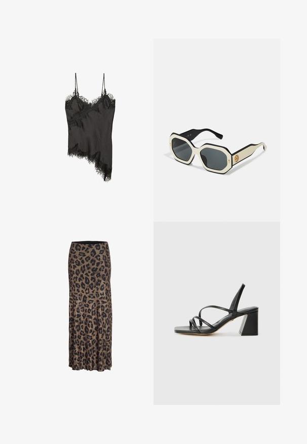 Črna kamizola z nežnim čipkastim robom po robovih, asimetrična zasnova, nastavljive naramnice in gladko satensko podobno tkanino.; Krilo z leopardjim vzorcem v rjavi in črni barvi, s tekočim dizajnom in subtilnim volančkom na robu, izdelano iz lahkega, mehkega blaga.; Črne visoke sandale s kvadratnim nosom, ki imajo več tankih trakov in geometrijsko blok peto. Gladka usnjena tekstura in minimalna zasnova.; Sončne očala z osemkotnim belim okvirjem, črnimi robovi in sivi leči. Zlati logotip na strani dodaja edinstven poudarek.; Bela usnjena torbica z zlatim zapiranjem, črnimi poudarki, z možnostjo snemljivega naramnega pasu in strukturirano zasnovo s poklopcem.