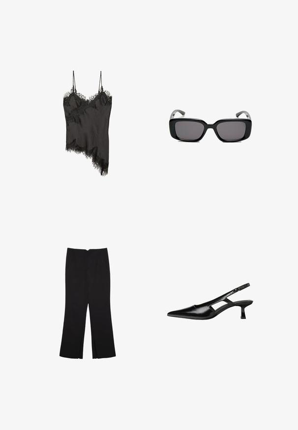 Svart chemise med delikat spetskant längs kanterna, asymmetrisk design, justerbara axelband och slät satinliknande tyg.; Svarta byxor med rak passform, utrustade med framfickor och sidoklyvningar vid fållen. Tillverkade av mjukt, slätt tyg. Lämpliga för olika tillfällen.; Svart lackläder slingback-klackar med spetsig tå, utskuren sidor och en liten fyrkantig klack. Slät textur med minimala accenter.; Svarta rektangulära solglasögon med mörka linser, slimmad plastbåge och böjda tempel. Designen är kraftig med en minimalistisk estetik.