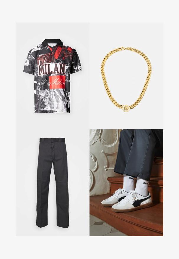 Polo cu mânecă scurtă, realizat dintr-un material ușor, cu o bază neagră și imprimate grafice roșii și albe, text și texturi variate.; Pantaloni negri dintr-un material durabil, cu un design drept, talie cu bucle pentru curea și cusături pentru a adăuga textură.; Adidași Puma din suede alb și negru, cu o talpă din cauciuc maro. Asortați cu șosete albe care au un logo negru, purtate cu pantaloni închiși la culoare.; Colier din aur cu mari zale interconectate, având un detaliu central sub formă de pandantiv circular cu un emblemă proeminentă.