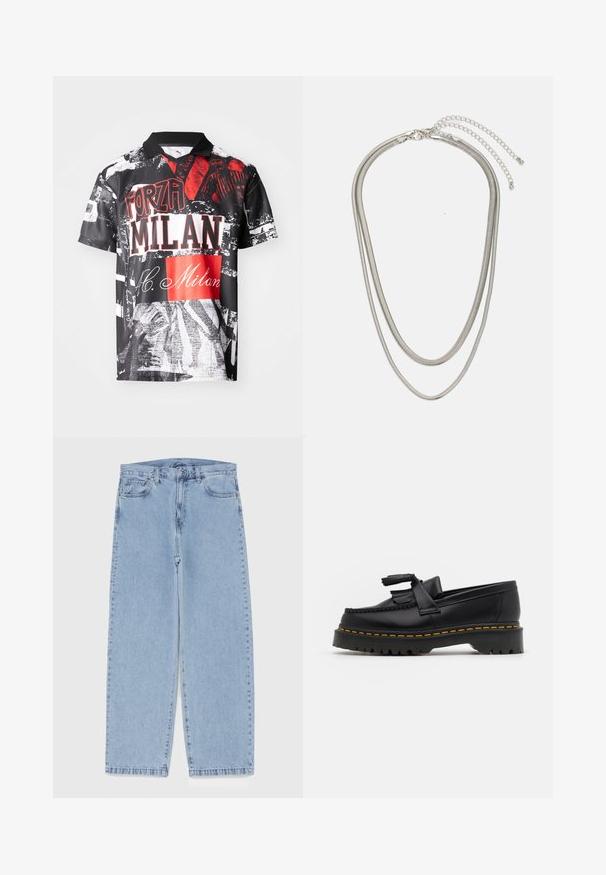 Short-sleeve polo shirt made of lightweight fabric, featuring a black base with red and white graphic prints, text, and varied textures.; Light blue denim jeans with straight leg design, featuring a mid-rise waist, five pockets, and a button and zipper closure.; Black leather loafer with a tasseled accent, featuring a chunky black sole and yellow stitching along the edge. Textured finish.; Three-layered silver metal necklace featuring sleek, flexible chains with a slight sheen, secured with a lobster clasp and adjustable chain.