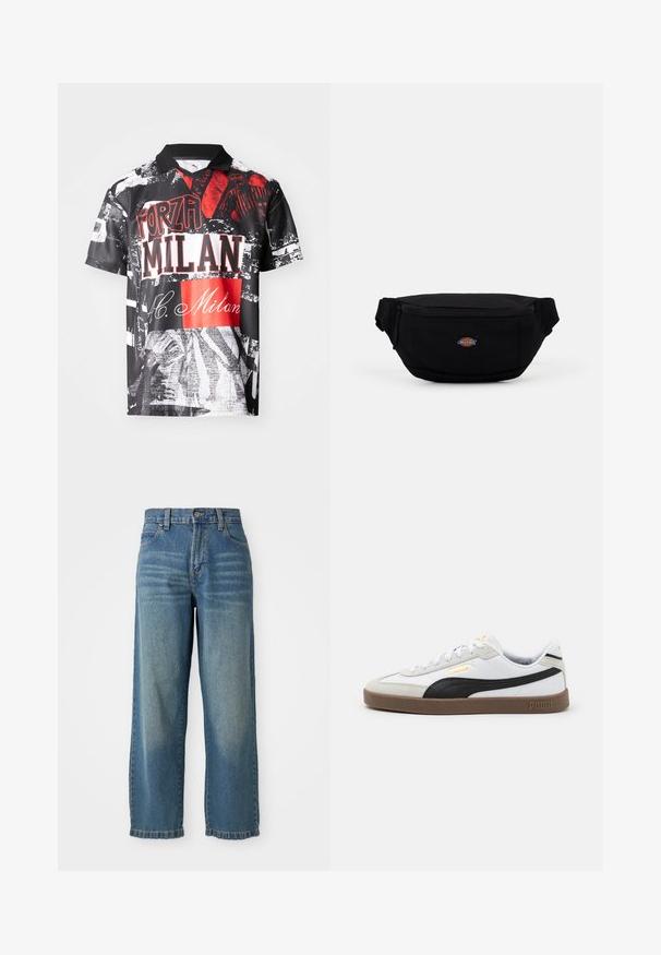 Kurzarm-Polo-Shirt aus leichtem Material, mit schwarzem Grund und roten sowie weißen Grafikdrucken, Texten und unterschiedlichen Texturen.; Helle blaue Denim-Hose im weit geschnittenen Stil mit hoher Taille, fünf Taschen und einem leicht verwaschenen Finish. Verfügt über einen Knopf- und Reißverschluss.; Weiße Ledersneaker mit schwarzen Wildlederakzenten, runde Zehen, flache braune Gummisohle und geprägt goldenen Logo an der Seite. Schnürsenkel und gepolsterter Kragen.; Schwarze Stoff-Gürteltasche mit Reißverschluss, versehen mit einem kleinen Markenlogo auf der Vorderseite. Kompakte, runde Form mit verstellbaren Riemen.