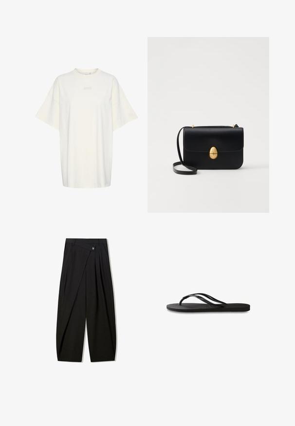 Gestuz JIO OVERSIZE TEE - T-paita - birch; Mustat leveälahkeiset housut, jotka on valmistettu sileästä kankaasta. Niissä on etupuolella pystyrypyt, nappikiinnitys ja muotolaskostus, joka luo jämäkkää siluettia.; Mustat flip-flopit, joissa on röpelöinen kumipohja, kaksi hoikkaa remmiä ja hillitty, kohokuvioitu logotyyli remmissä.; Musta nahkakäekott struktureeritud ristküliku kujuga. Varustatud kuldse ovaalse lukuga ja õhukese õlalindiga. Sile tekstuur.
