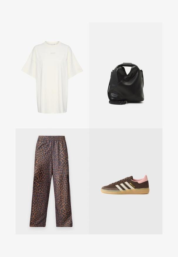 Gestuz JIO OVERSIZE TEE - T-Shirt basic - birch; Leopardmuster-Hosen mit einem elastischen Bund. Hergestellt aus einem glänzenden Stoff, mit einem braunen Grundton und schwarzen Flecken sowie einem lockeren Schnitt.; adidas Originals HANDBALL SPEZIAL UNISEX - Sneaker low - dark brown/alumina/wonder mauve; Schwarze, weiche Ledertasche mit einem einzigartigen verdrehten Design. Hat einen kurzen Griff und einen abnehmbaren Schultergurt. Minimalistischer Stil.