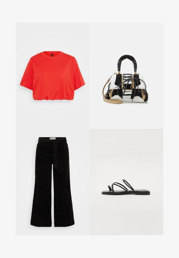 Red cropped t-shirt made of soft cotton, featuring a round neckline, short sleeves, and an elasticated bottom hem for a relaxed fit.; Black corduroy wide-leg pants with a tied belt at the waist, featuring a textured finish and structured shape, suitable for casual wear.; Call it Spring LUNAROSE - T-bar sandals - black; Multicolored handbag with black, white, and beige mesh. Features a textured handle, lace-up design, and detachable shoulder strap.