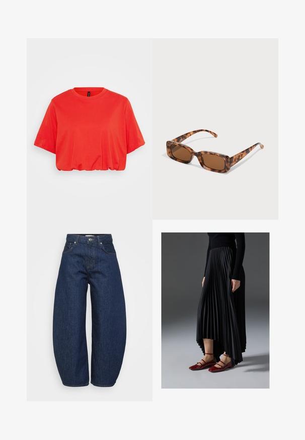 Sarkana īsā krekls izgatavots no mīksta kokvilnas, ar apaļu kakla izgriezumu, īsām piedurknēm un elastīgu apakšmalu brīvai piegulšanai.; Augstās jostas tumši zilas džinsa bikses ar plašām kājām, ar priekšējo pogu un rāvējslēdzēja aizdari, kā arī klasisko piecu kabatu dizainu.; Melna plisēta kleita ar augstu priekšpusi un zemāku aizmuguri, saskaņota ar spīdīgām sarkānām dzīvokļa kurpēm ar siksnu dizainu. Audumam ir gluda tekstūra.; Tortoiseshell saulesbrilles ar taisnstūrveida brūniem stikliem, biezs rāmis un plānas kājas ar dažādu brūnu toņu rakstu.; Sudraba auskars ar pulētu apdari, ar maziem zelta akcentiem un apaļu formu, uz ausu ļipiņas.