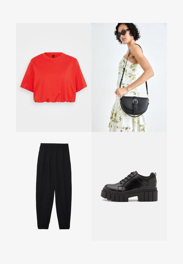 Tricou roșu scurt, fabricat din bumbac moale, cu decolteu rotund, mâneci scurte și margine de jos elastică pentru o potrivire confortabilă.; Pantaloni negri, ușori, cu un brâu elastic și tivuri strânse. Materialul este neted și are un design relaxat, conic.; Pantofi cu talpă plată din piele neagră, cu toc gros, vârf rotund și design tradițional cu șireturi. Prezintă o textură netedă și detalii minime.; Geantă din piele neagră, cu o formă curbată, curea detașabilă și accesorii aurii. Geanta are un capac cu un detaliu tip cataramă.