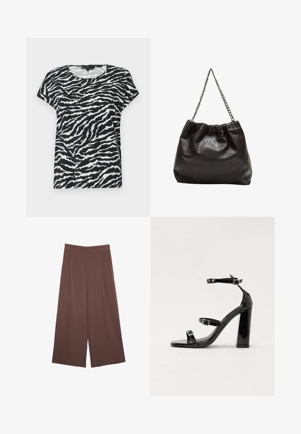 Schwarz-weißes Kurzarm-T-Shirt mit Zebra-Streifenmuster, Rundhalsausschnitt und weichem Material. Legere Passform und bequeme Gestaltung.; Braune Weite-Leg-Hosen mit einer glatten Textur, hoher Taille und Vorderfalten. Der Stoff ist leicht und fällt locker.; Schwarze patentierte Sandalen mit Absatz, quadratischer Spitze, Knöchelriemen und silbernen Schnallen. Mit einem stabilen Blockabsatz für mehr Stabilität.; Braune Lederhandtasche mit gerafftem Oberteil und Kettenriemen. Glatte Textur mit glänzendem Finish und subtilen Nahtdetails an den Seiten.