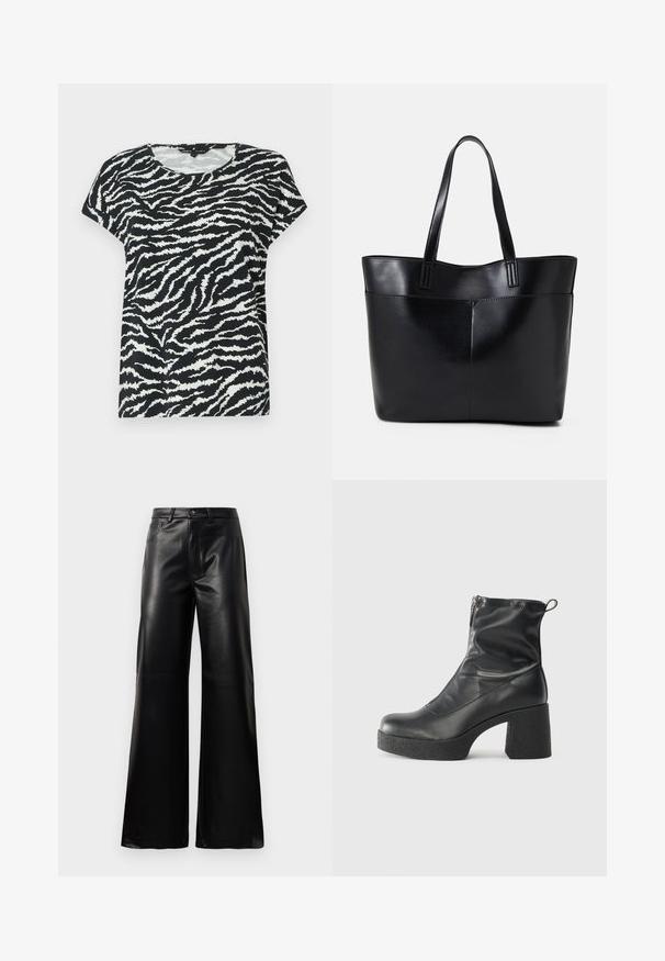 T-shirt à manches courtes noir et blanc avec un motif rayé zèbre, col ronde et texture douce. Coupe décontractée et design confortable.; Pantalons larges en faux cuir noire taille haute avec bouton avant, fermeture éclair, passants de ceinture et poches latérales sur fond blanc.; Bottes noires à la cheville en cuir lisse, dotées d'une fermeture éclair sur le côté, d'un talon épais texturé et d'une conception à bout rond.; Sac fourre-tout en cuir noir avec deux longues poignées, une texture lisse et une forme structurée. Dispose d'une poche avant pour un rangement supplémentaire.