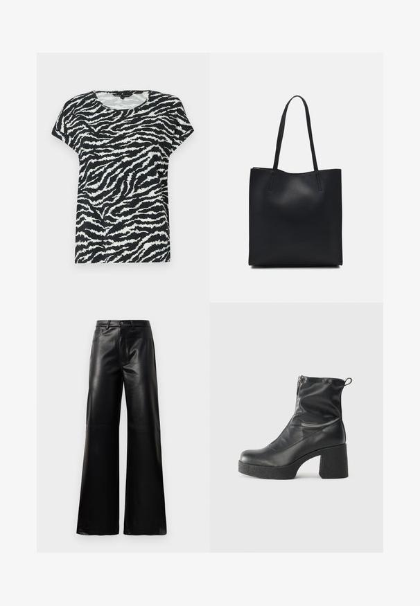 Schwarz-weißes Kurzarm-T-Shirt mit Zebra-Streifenmuster, Rundhalsausschnitt und weichem Material. Legere Passform und bequeme Gestaltung.; Schwarze leichte, weit geschnittene, hochtaillierte Kunstlederhose mit vorderem Knopf, Reißverschluss, Gürtelschlaufen und Seitentaschen auf weißem Hintergrund.; Schwarze Stiefeletten aus glattem Leder mit seitlichem Reißverschluss, klobigem strukturiertem Absatz und runder Zehenform.; Schwarze Laptoptasche aus Leder mit glatter Textur, rechteckiger Form und zwei langen Griffen. Keine sichtbaren Beschläge oder Verzierungen.
