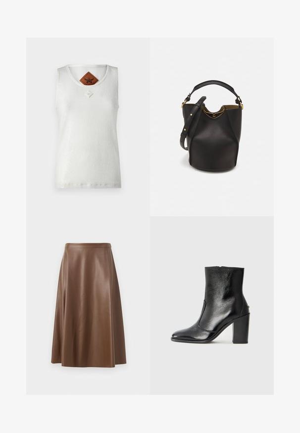 MCM - Top; Brązowa skórzana spódnica w kształcie litery A o gładkiej fakturze i długości midi. Posiada dopasowany pas w talii i lekko rozszerza się od bioder.; Czarne skórzane botki za kostkę o gładkiej fakturze, spiczastym nosku i grubym wysokim obcasie. Posiadają boczne wycięcie i minimalistyczny design.; Czarna skórzana torebka w kształcie wiadra o teksturowanym wykończeniu, z złotymi akcentami metalowymi i otwartą górą. Posiada krótką rączkę oraz regulowany pasek na ramię.