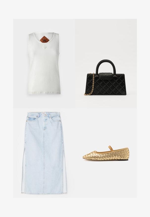 MCM SEQUINS TANK - Top - white; Hellblaue Jeans-Maxi-Rock mit geradem Schnitt, ausgestattet mit seitlichen Schlitzen und einem Fünf-Taschen-Design. Auffällige Nähte und Metallschnappverschluss.; Loeffler Randall LEONIE SOFT BALLET FLAT - Riemchenballerina - gold; Schwarze Handtasche aus strukturiertem Leder mit einem Diamantmuster, goldfarbener Kette, einem oberen Griff und einem Logo-Prägung Klappenverschluss.