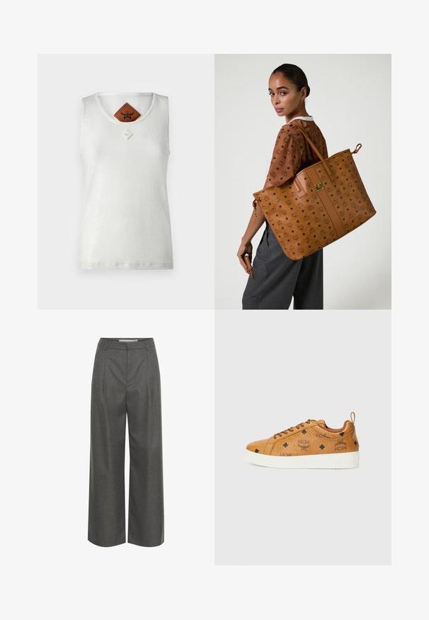 MCM SEQUINS TANK - Top - white; Graue weite Hosen aus strukturiertem Stoff, mit hoher Taille und vorderen Falten, ohne sichtbare Taschen oder metallische Details.; Braune Ledersneaker mit kontrastierenden weißen Gummisohlen, die schwarze Rautenmuster und MCM-Logos an der Seite aufweisen. Mit Schnürsenkeln und einer Rücklasche.; Große beige Tragetasche mit einem geprägten Muster, das eine glatte Textur, flache Träger und einen Akzent aus goldenem Metall aufweist.
