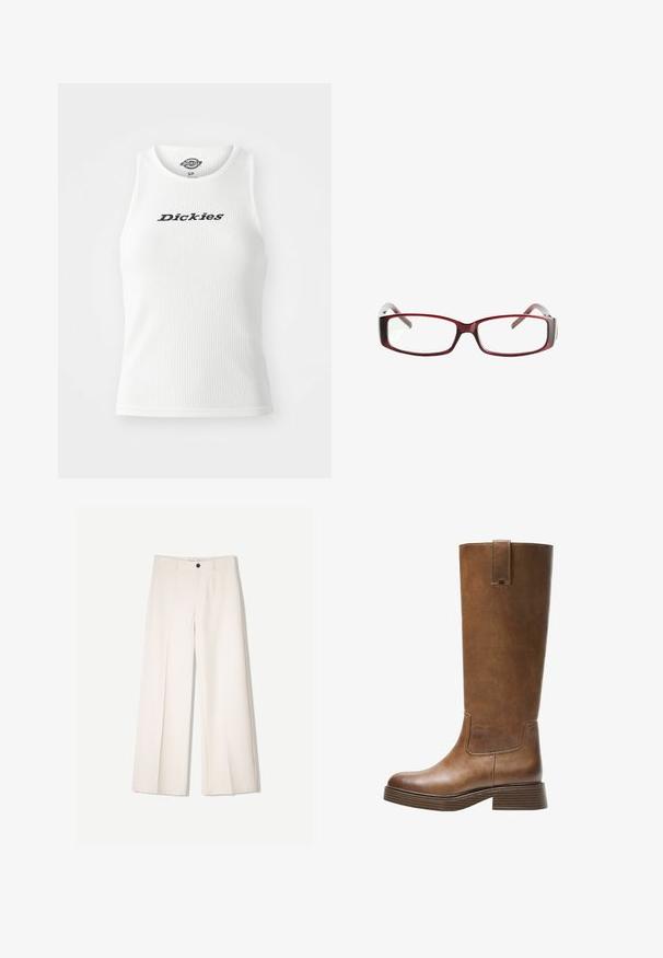 White ribbed tank top with a round neckline and sleeveless design, featuring "Dickies" in black lettering across the chest.; Cream wide-leg trousers with a tailored design, featuring two front pockets and a single front button closure, made from smooth fabric.; Brown leather knee-high boot with a rounded toe, textured surface, and a stacked low heel. Features a side panel and pull tab at the top.; Red rectangular eyeglasses with a sleek design. Clear lenses, slightly translucent temples, and a gradient effect from red to gray.