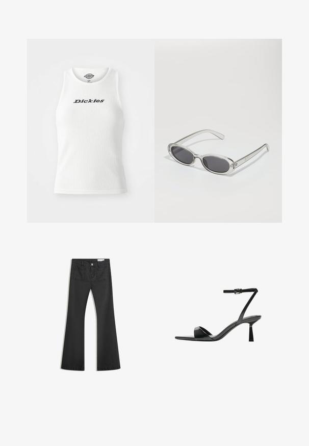 Witte geribbelde tanktop met een ronde hals en mouwloos ontwerp, met "Dickies" in zwarte letters over de borst.; Zwarte flared jeans van denim met een gladde textuur, voorzien van twee achterzakken en een knoopsluiting bij de taille.; Bershka Sandalen met hoge hak - black; Zonnebril met een ovale vorm, helder plastic montuur, donkergrijze glazen en dunne transparante pootjes met logo-accenten en minimale details.