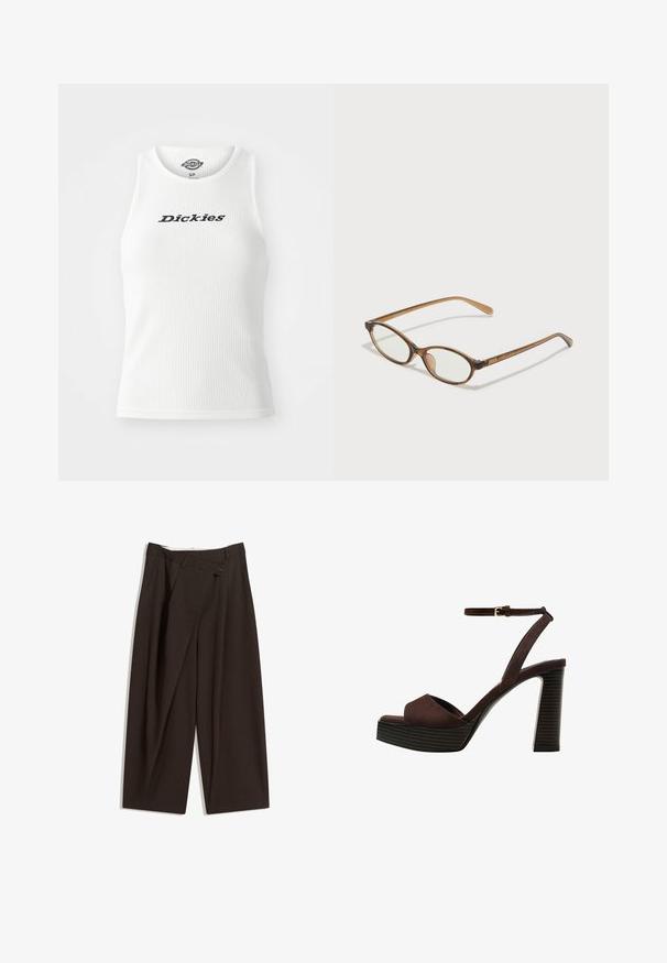 Hvid ribbet tanktop med rund halsudskæring og uden ærmer, med "Dickies" i sort skrift henover brystet.; Mørkebrune brede bukser med høj talje, udstyret med en enkelt knaplukning og en plisseret front. Lavet af letvægtsstof.; Brune ruskinds højhælede sandal med åben tå, justerbar ankelrem og en stribet plade sål.; Brune skildpaddemønstrede briller med ovale linser, tynde arme og gennemsigtige accenter. Har et diskret logo på stangen. Slankt, let design.