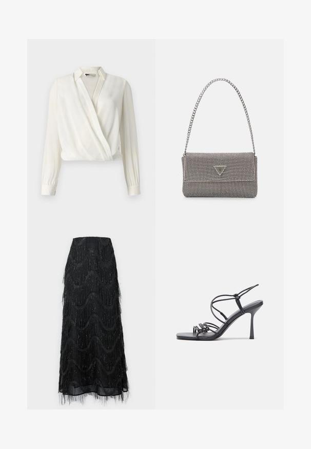 Valge mähisega pluus pika varrukaga, valmistatud siledast kangast, millel on kraega kaelus ja õrn diagonaalne tekstuur.; Must mustriga seelik, mis sisaldab kihilisi frange ja laine mustreid. Valmistatud läbipaistvast materjalist, mille servades on säravad detailid.; Mustad musta värvi kontsandaalid on varustatud peente rihmadega, millel on sõlmekujundus, siledad ruudukujulised varbad ja stiilne stilettokonts.; Helehall metallik handbags, millel on kett, kaunistatud väikeste ümmarguste metallist õmblustega ja kolmnurkse brändi logoga.; Hõbedased rõngaskõrvarõngad, millel on sile ja läikiv pind. Ümar kuju, kerge disain, millel on post-tagumise kinnituse süsteem.