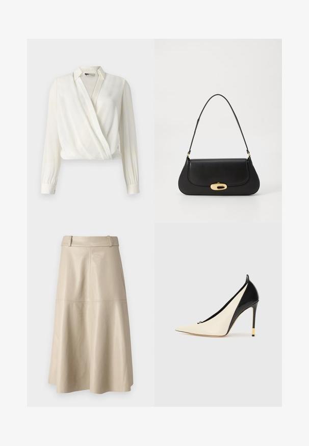 Balta apvalkaliukė bluzonė su ilgomis rankovėmis, pagaminta iš lygaus audinio, turinti apykaklės iškirpimą ir subtilią įstrižainę tekstūrą.; Smėlio spalvos odinė midi sijonas su lygiu paviršiumi, plačiu juosmeniu ir išplėstu apdaila; turi siūtas siūles papildomam akcentui.; Punktuoti aukštakulniai batai, pagaminti iš juodo blizgaus odos ir smėlio spalvos odos. Ypatybės: auksu akcentuotas kulnas ir elegantiškas dizainas.; Juodas odinis rankinės su išlenktu dizainu, auksinių atspalvių furnitūra ir viršutine rankena. Savybės - stilingas uždarymas ir glotni tekstūra.