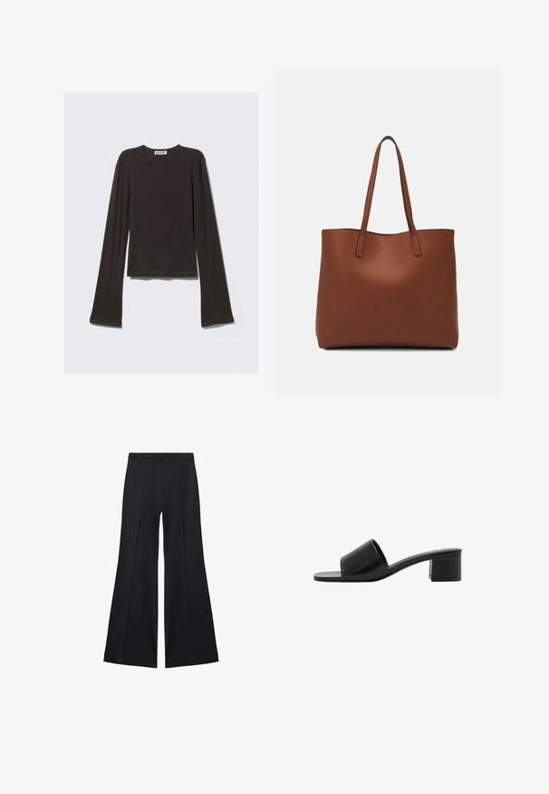 Ciemnoszara bluzka z długim rękawem, wykonana z miękkiego materiału. Posiada okrągły dekolt, dopasowany fason oraz rozszerzane rękawy o gładkiej teksturze.; Czarne spodnie o szerokich nogawkach z gładką teksturą, z przodu ozdobione zakładkami i skrojonym fasonem. Materiał jest lekki i zwiewny.; Czarne skórzane klapki na otwartym palcu z szerokim paskiem i solidnym obcasem blokowym. Charakteryzują się gładką fakturą i minimalistycznym designem.; Brązowa skórzana torba tote o gładkiej fakturze, z otwartym wierzchem i dwoma ramiączkami. Charakteryzuje się minimalnym przeszyciem i brakiem widocznych elementów metalowych.