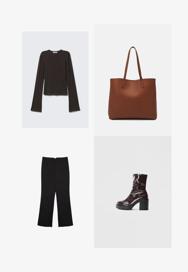 Temno siva dolga majica z dolgimi rokavi, izdelana iz mehke tkanine. Ima okroglo ovratnico, prilegajoče se telo in razširjene rokave z gladko teksturo.; Črne hlače ravnega kroja z naglavnimi žepi in stranskimi razporki na robu. Narejene iz mehke, gladke tkanine. Primerne za različne priložnosti.; Sijajan škrlatank z bleščečim videzom, z masivnim črnim peto, ki se ponaša z gladko teksturo in preprostim dizajnom. Brez vidnih zapenjal ali vzorcev.; Rjava usnjena torba z gladko teksturo, odprto zasnovo zgoraj in dvema naramnima trakovoma. Opremljena je z minimalnim šivanjem in brez vidnih kovinskih delov.