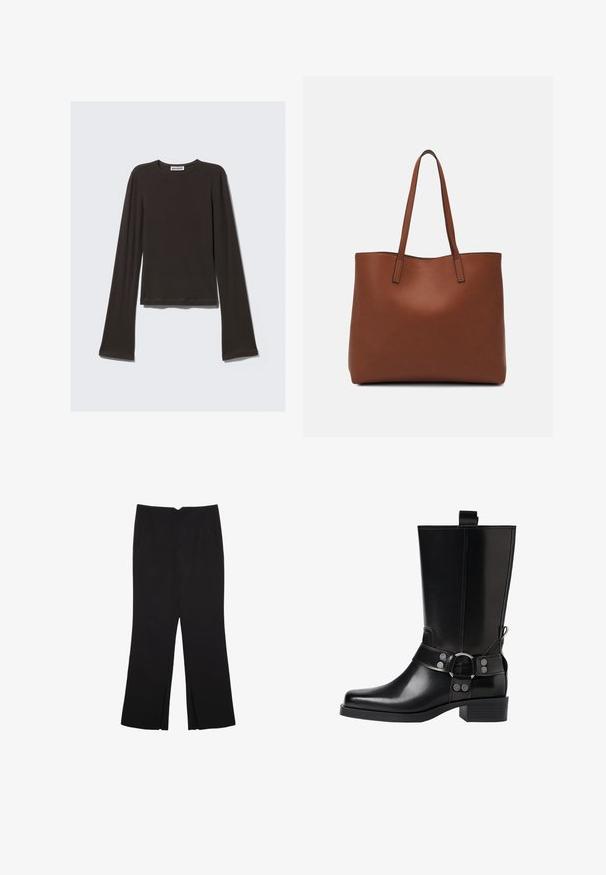 Dunkelgraues Langarmshirt aus weichem Stoff. Hat einen Rundhalsausschnitt, einen taillierten Oberkörper und weit geschnittene Ärmel mit glatter Textur.; Schwarze Hose mit geradem Schnitt, ausgestattet mit Fronttaschen und Seitenschlitzen am Saum. Hergestellt aus weichem, glattem Stoff. Geeignet für verschiedene Anlässe.; Schwarze Lederstiefel bis zum Knie mit spitzer Zehenform, silbernen Schnallenakzenten und einem klobigen Absatz. Verfügt über eine Zuglasche für einfaches Anziehen.; Braune Leder-Tote mit glatter Textur, offenem Oberteil und zwei Schulterriemen. Verfügt über minimale Nähte und keine sichtbaren Beschläge.