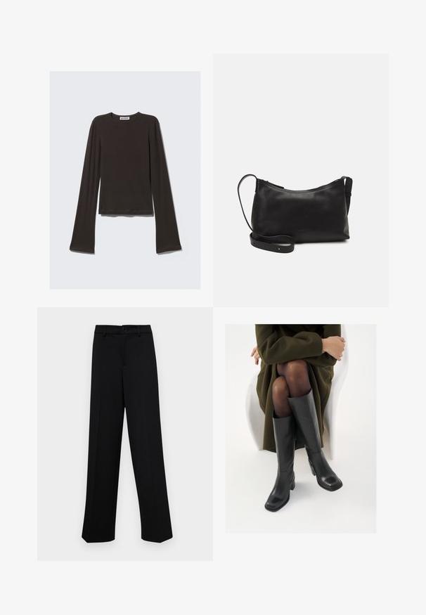 Dark gray long-sleeve shirt made of soft fabric. Features a crew neckline, fitted bodice, and flared sleeves with a smooth texture.; Black wide-leg trousers made of smooth fabric, featuring a classic waistband with a button closure and front pleats.; Knee-high black leather boots with a squared toe and block heel, shown with a model seated in an olive green coat. Smooth texture, minimal detailing.; Black leather shoulder bag with a smooth texture, curved shape, adjustable strap, and a zip closure. Minimalist design without embellishments.