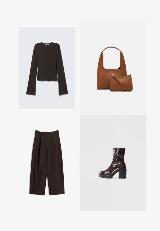 Dunkelgraues Langarmshirt aus weichem Stoff. Hat einen Rundhalsausschnitt, einen taillierten Oberkörper und weit geschnittene Ärmel mit glatter Textur.; Dunkelbraune, weite Hosen mit hohem Bund, die über einen einzigen Knopfverschluss und eine gefaltete Vorderseite verfügen. Hergestellt aus leichtem Stoff.; Glatte bordeauxrote Ankle Boots mit einem klobigen schwarzen Absatz, die eine glatte Oberfläche und ein einfaches Design aufweisen. Keine sichtbaren Verschlüsse oder Muster.; Braune synthetische Handtasche mit einem geschwungenen Griff und einer glatten Textur. Enthält ein passendes kleines Täschchen mit Reißverschluss. Minimalistisches Design.