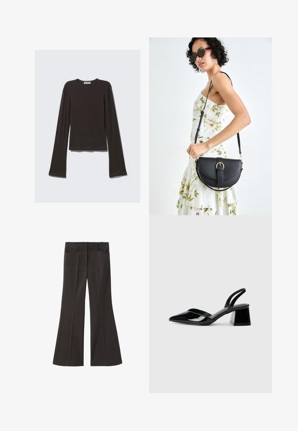Dark gray long-sleeve shirt made of soft fabric. Features a crew neckline, fitted bodice, and flared sleeves with a smooth texture.; Black flared trousers with a high waist; features two front pockets and a smooth fabric texture. Suitable for various occasions.; Black patent leather slingback heels with a pointed toe and a geometric block heel. Features a sleek, minimal design and smooth texture.; Black leather handbag with a curved shape, detachable strap, and gold hardware. The bag features a flap with a buckle detail.