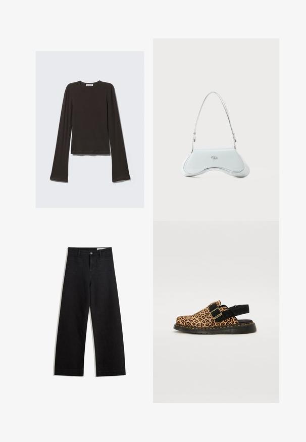 Mørkegrå langærmet skjorte lavet af blødt stof. Har en rund halsudskæring, tætsiddende liv og udvidede ærmer med en glat tekstur.; Sorte wide-leg denim bukser med høj talje, der har front- og baglommer, syede sømme og en knaplukning. Glat tekstur.; Leopardmønstret træsko med sorte ruskindstropper og spænde. Har sort gummisål med gul syning for ekstra detalje.; Hvid patentlæder skuldertaske med et buet design, sølvhardware og en diskret logoaccent på fronten. Justerbar strop medfølger.