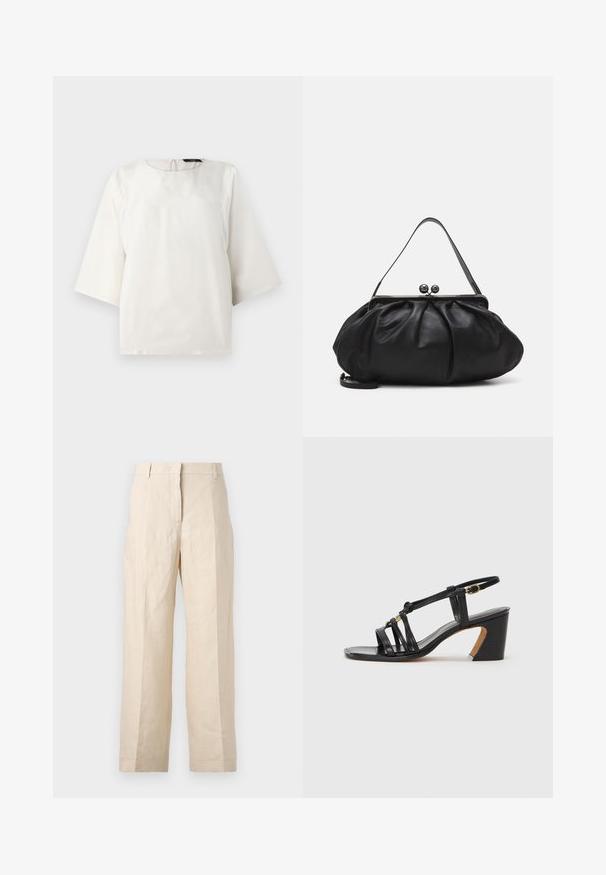 Weißes kurzärmliges Blusenshirt mit rundem Halsausschnitt und Schlüsselaugenöffnung hinten. Glatte Textur und minimalistisches Design, das eine lockere Passform bietet.; Beige Leinenhosen mit einer lockeren Passform, gefältelter Vorderseite und geraden Beinen. Besitzt einen Bund mit Gürtelschlaufen und keine sichtbaren Taschen.; Paul Smith AMIRA - Pumps - black; Schwarze Lederhandtasche mit einer runden, gefalteten Form. Verfügt über einen metallischen Verschluss mit zwei dekorativen Kugeln und einem schmalen, abnehmbaren Tragegurt.