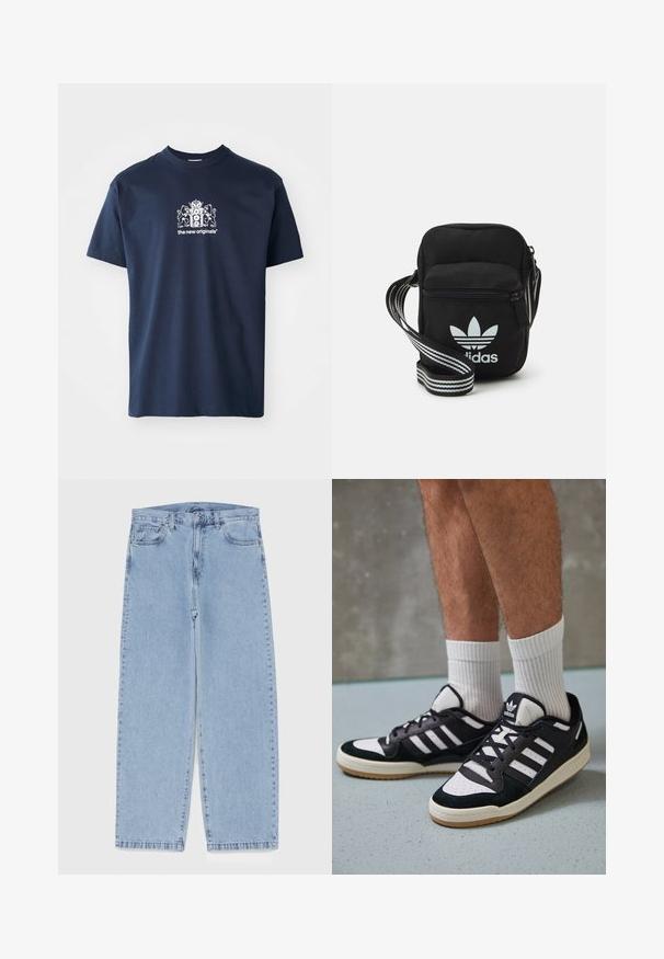 Mørkeblå bomulls t-skjorte med korte ermer, rund hals og et hvitt grafikk som viser et våpenskjold og teksten "the new originals".; Lyseblå denimjeans med rett ben-design, med mid-rise liv, fem lommer og knap og lynlås lukning.; Sorte og hvite sneakers med overdel i semsket skinn og lær, med tre hvite striper, perforert tå og en såle av gummi.; Svart stoff crossbody veske med glidelås, med en hvit Adidas-logo og enstripet justerbar stropp for enkel bæring.