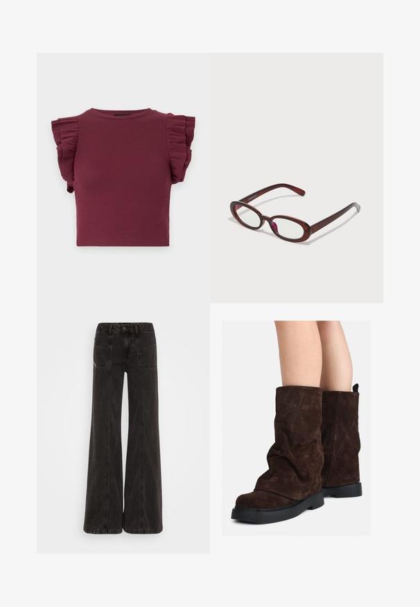 Bordeaux ribbet crop top med korte, flæseærmer og rund halsudskæring. Glat tekstur og tætsiddende design, der egner sig til lag-på-lag styling.; Sorte vide ben jeans lavet af denim, med høj talje, frontlommer og tonet syninger langs sømmene.; Brune ruskind støvler til midt på læggen med sorte gummisåler, båret på bar ben, med let rynkning på støvleskaftet.; Ovale røde solbriller med klare linser og slanke brune stel. Designet har subtile kurver og minimalt hardware.