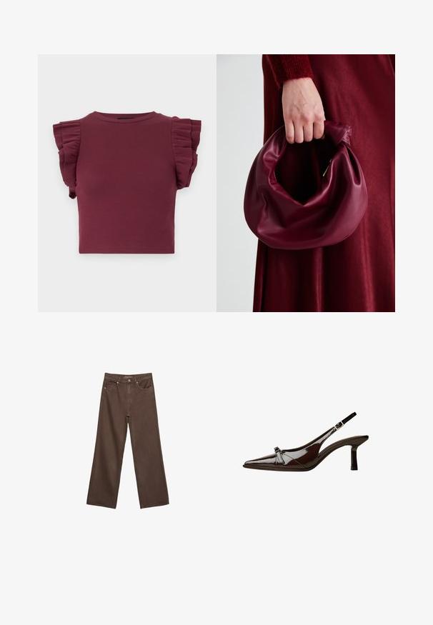 Bordeaux geribbelde cropped top met korte ruches mouwen en een ronde halslijn. Soepele textuur en aansluitend ontwerp, geschikt voor lagen.; Brede bruine spijkerbroek van denim, met een hoge taille, voorzakken en een klassieke knoopsluiting. Soepele textuur met subtiele stiksels.; Bruine gepatineerde leren slingback schoen met een spitse neus, lage hak en een decoratieve strikaccent aan de voorkant. Glad, glanzend oppervlak.; Bordeaux leren handtas met een zacht, gegathered ontwerp en een ronde vorm. De handgreep is stevig bevestigd en toont een gladde textuur.